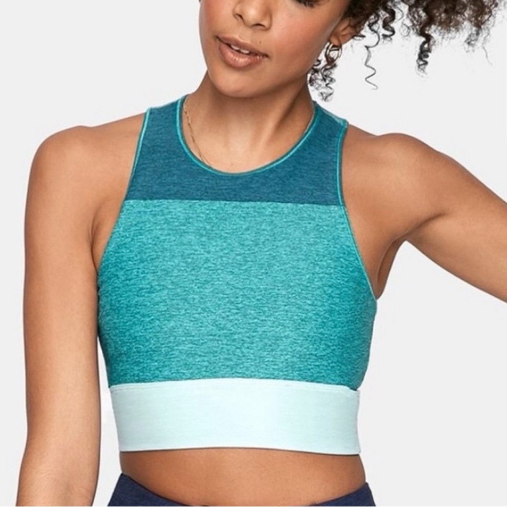 Outdoor Voices Tri-Tone Slashback Crop Top Bra Emerald/Spearmint/ Patina Green